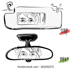 Sketch. Rear-view mirror. Reflection of a look of the driver.