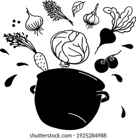 Sketch, ein Rezept für Borschtsch. Kohl, Rüben, Zwiebeln, Knoblauch, Karotten und Würzmittel fallen in den Topf. Design-Element.