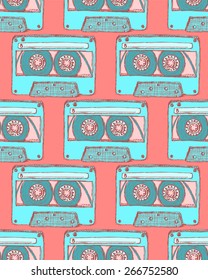 Sketch record cassette in vintage style, vector seamless pattern