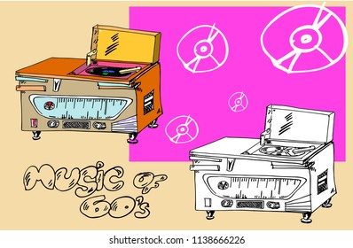 Sketch of  record player of the 50s . Color and black and white version. Illustration.