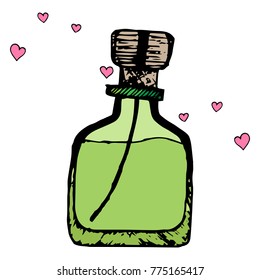 A sketch. Rectangular glass jar with spray. Bottle of perfume with hearts. Vector illustration.