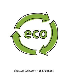 Sketch Recycle Icon With Green Fill Moved Beyond Outline. Hand Drawn Cartoon Illustration For Zero Waste Lifestyle. Emblem With Text Eco In Doodle Style. Isolated Vector Sign On White Background