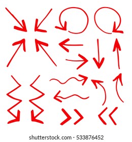 Sketch red arrows. Hand drawn set. Vector illustration.