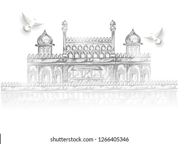 Sketch of Red Fort with pigeons on white background for Indian Republic Day celebration banner or poster design.