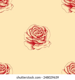 Sketch red rose seamless pattern. Hand drawn realistic flower vector illustration