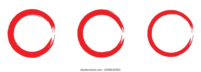 Sketch red strokes. Red brush circle stroke vector isolated on white background. Red enso zen circle brush stroke. For stamp, seal, ink and paintbrush design template. Grunge hand drawn circle shape.