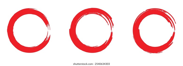 Sketch red strokes. Red brush circle stroke vector isolated on white background. Red enso zen circle brush stroke. For stamp, seal, ink and paintbrush design template. Grunge hand drawn circle shape.