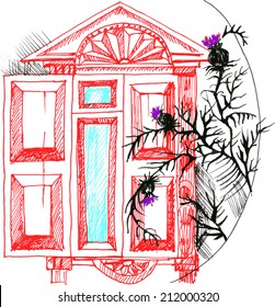 Sketch the red window and black thistle