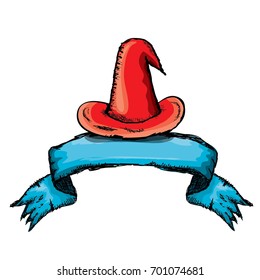 sketch red witch hat isolated on white. vector halloween doodle art red wizard cone hat. vector funky handdrawn witch hat icon