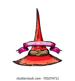 sketch red witch hat isolated on white. vector halloween doodle art red wizard cone hat. vector funky handdrawn witch hat icon