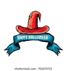sketch red witch hat isolated on white. vector halloween doodle art red wizard cone hat. vector funky handdrawn witch hat icon