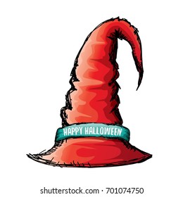 sketch red witch hat isolated on white. vector halloween doodle art red wizard cone hat. vector funky handdrawn witch hat icon