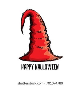 sketch red witch hat isolated on white. vector halloween doodle art red wizard cone hat. vector funky handdrawn witch hat icon