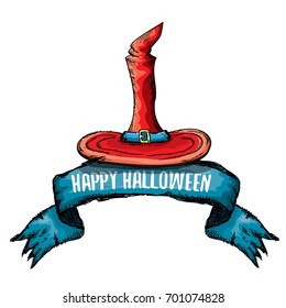sketch red witch hat isolated on white. vector halloween doodle art red wizard cone hat. vector funky handdrawn witch hat icon