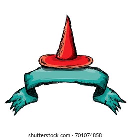 sketch red witch hat isolated on white. vector halloween doodle art red wizard cone hat. vector funky handdrawn witch hat icon