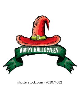 sketch red witch hat isolated on white. vector halloween doodle art red wizard cone hat. vector funky handdrawn witch hat icon