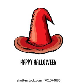 sketch red witch hat isolated on white. vector halloween doodle art red wizard cone hat. vector funky handdrawn witch hat icon