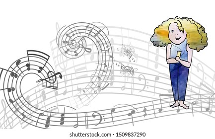 A sketch of a red-haired girl from the lines and watercolor spots in the headphones walks along the road from the notes, listening, composing music, creativity, fun