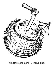 Sketch of refreshing beverage to drink during summertime, served in a coconut, decorated with a tiny umbrella and straw.