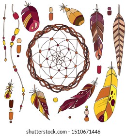 Sketch for registration. A set of Dreamcatcher and a set of feathers, beads. Objects are isolated on a transparent background. Doodle.