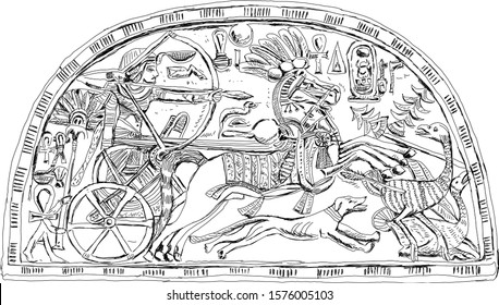 Sketch of the relief  Pharaoh Tutankhamun hunting engraved at fan holder of ostrich feather from the Tomb of Tutankhamun (c. 1370-1352 BC) Sketch collection