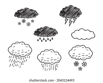 Sketch represents the precipitation in nature in the form of rain, hail, snow. Precipitation vector illustration. Rain and snow symbol. Thunderstorm, snowfall, rain, clouds doodles children's drawings