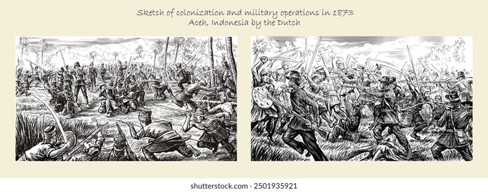 Sketch reproduction of colonization and military operations in 1873, Aceh war, Indonesia history