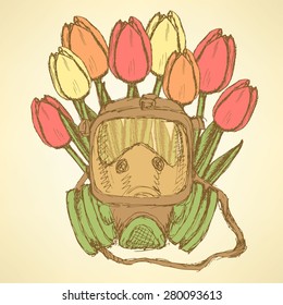 Sketch respiratory mask with tulips in vintage style, vector