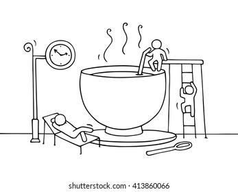 Sketch of resting little people cup of coffee. Doodle cute miniature about break at work . Hand drawn cartoon vector illustration for business design and infographic.