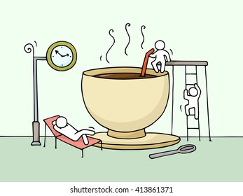 Sketch of resting little people cup of coffee. Doodle cute miniature about break at work . Hand drawn cartoon vector illustration for business design and infographic.