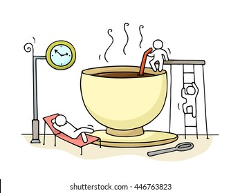 Sketch of resting little people with cup of coffee. Doodle cute miniature about break at work . Hand drawn cartoon vector illustration for business design and infographic.