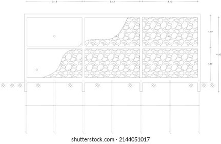 sketch of retaining wall or gabion fence seen from the front