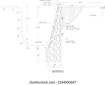 sketch retaining wall and stone foundation   cast concrete beam column  black   white sketch   detail