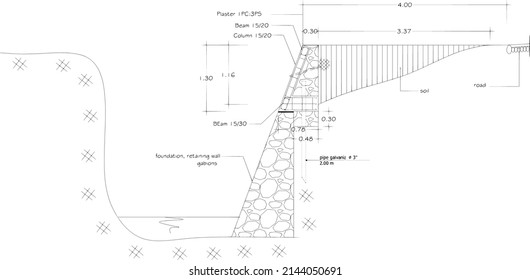 sketch of retaining wall with stone foundation and cast concrete beam column, black and white sketch and detail