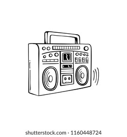 Sketch retro 80s, 90s boombox or cassette tape player. Vintage street music audio speaker, hip hop rap and disco music oldschool party portable electonic equipment. Vector illustration