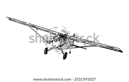 Sketch of retro airplane in flight, front view, realistic hand drawn vector illustration isolated on white
