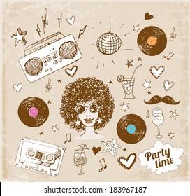 Sketch retro party objects. Vector illustration in vintage style.