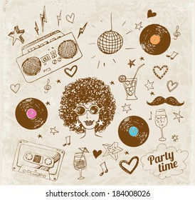 Sketch retro party objects. Vector illustration in vintage style.