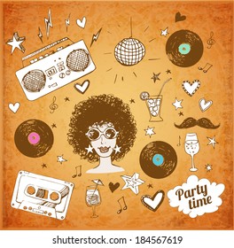 Sketch retro party objects. Vector illustration in vintage style.
