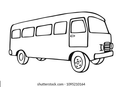 Sketch Retro travel van icon. Vintage travel car. Old classic camper minivan. Retro hippie bus. Vector illustration in flat design isolated on white background.