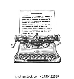 Sketch retro Typewriter. Hand drawn vintage vector illustration in engraving style