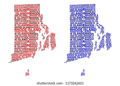Sketch Rhode Island (United States of America) letter text map, Rhode Island map - in the shape of the continent, Map State of Rhode Island and Providence Plantations - red and blue vector 
