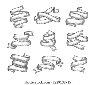 Sketch ribbon banner. Hand drawn scroll ribbons, engraving vintage swirl and twisted line stripe vector set. Wavy blank labels for shop discount offers, special sale prices, advertisement