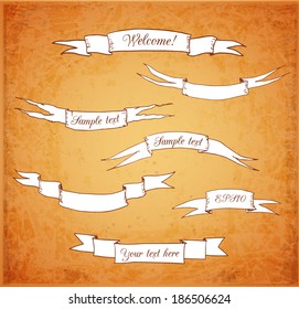 Sketch ribbon banners in vintage style. Hand-drawn ribbons. Vector illustration. 