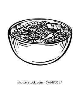 Sketch Rice In Bowl / Cartoon Hand Drawn Illustration, Black And White, Ink, Sketch Style Appetizing Healthy Rice With Vegetables And Shrimps