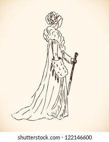 Sketch of rich woman in retro clothes. Lady in vintage dress. Hand drawn modern woman silhouette