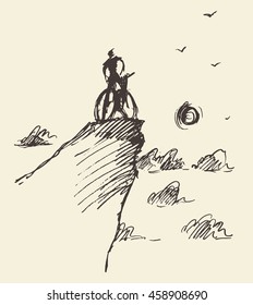 Sketch of a rider with a bicycle, standing on top of a hill. Vector illustration