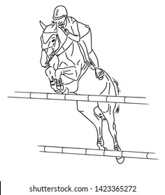 Sketch of a rider on a horse jumping over an obstacle