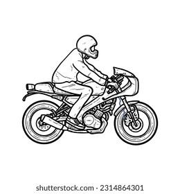 Sketch Rider riding Motorcycle with Japanese style or bobber style or scramble style or cafe racer style isolated on white background vector modern illustrations