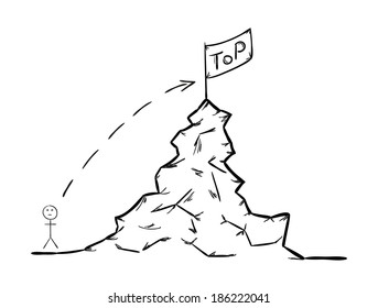 sketch of the rising to the top, man with the rock and flag